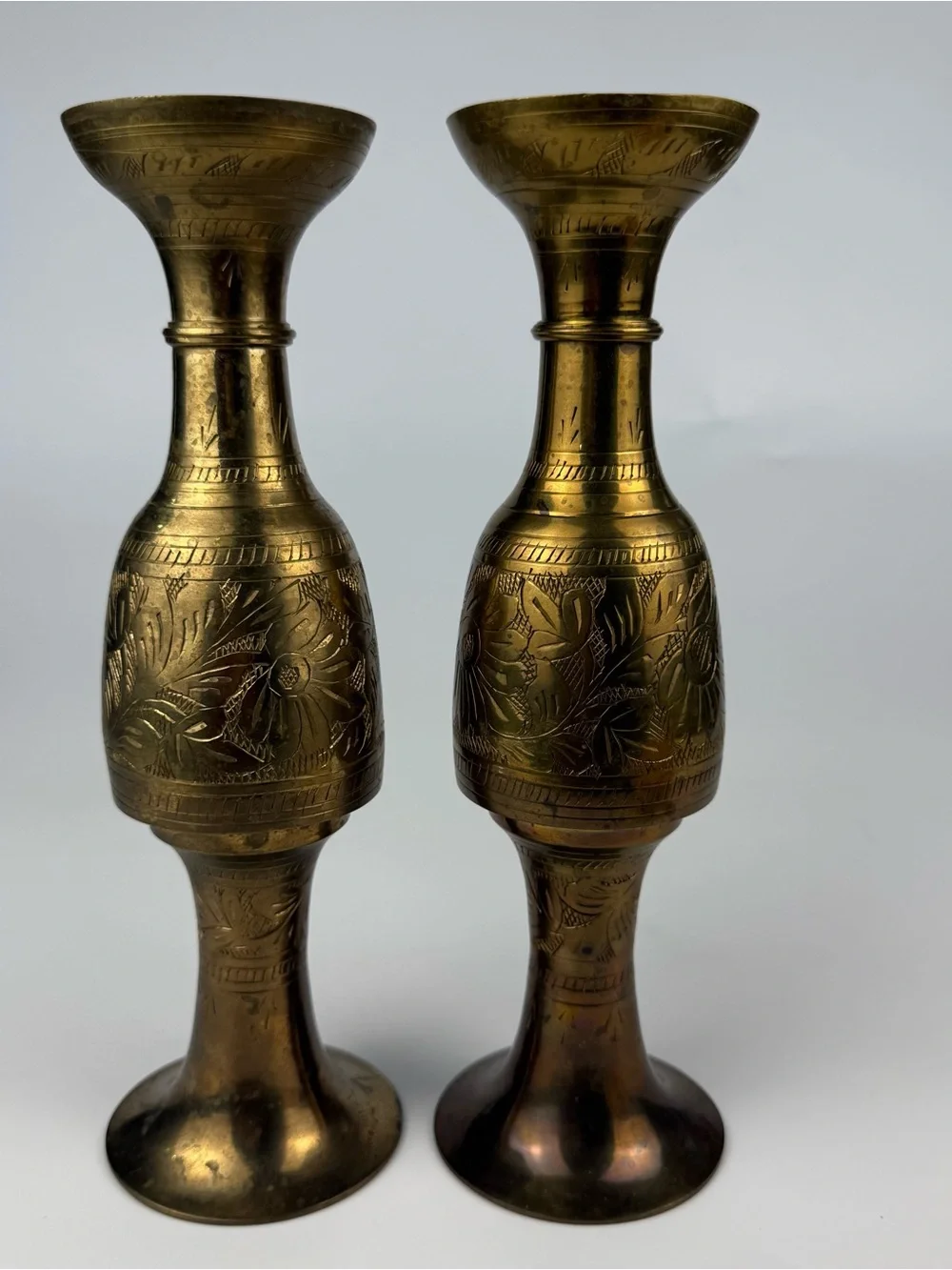 Vtg MCM Solid Brass India Bud Vases Etched Floral Engraved Design 10 Inches